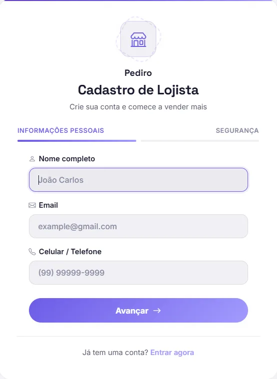 Cadastro de lojista